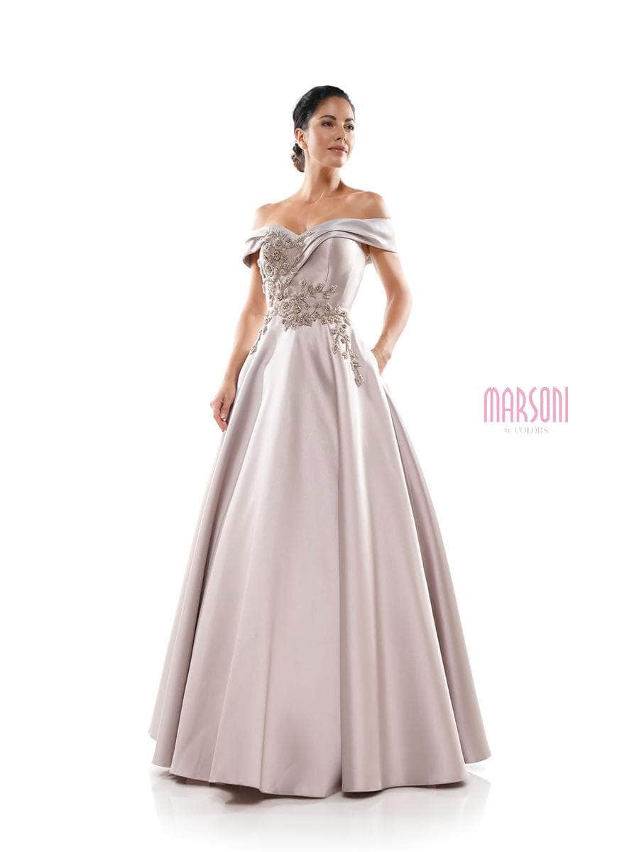 Marsoni by Colors - MV1008 Floral Beaded Surplice Off Shoulder Gown - view 6