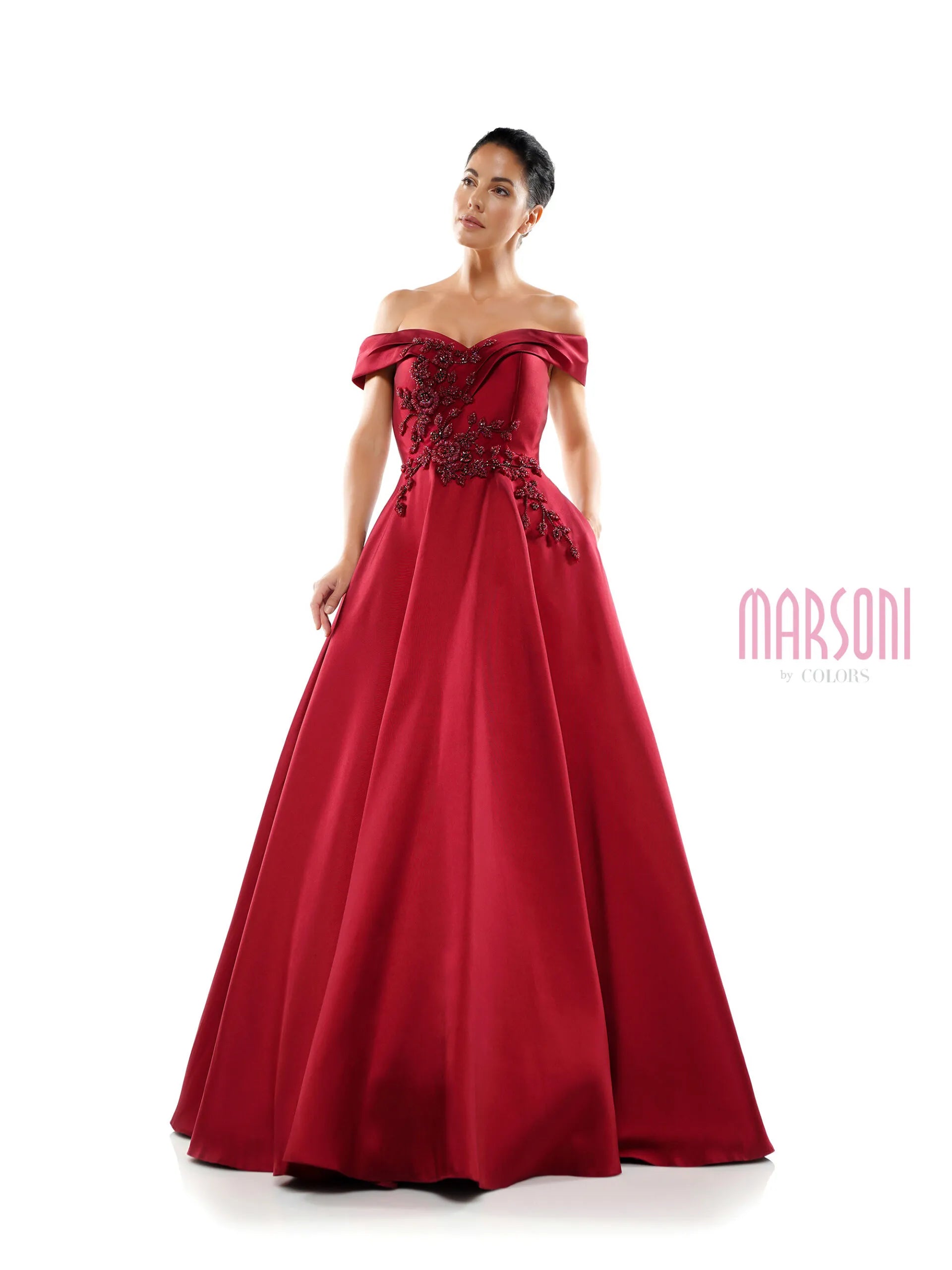 Marsoni by Colors - MV1008 Floral Beaded Surplice Off Shoulder Gown - view 9