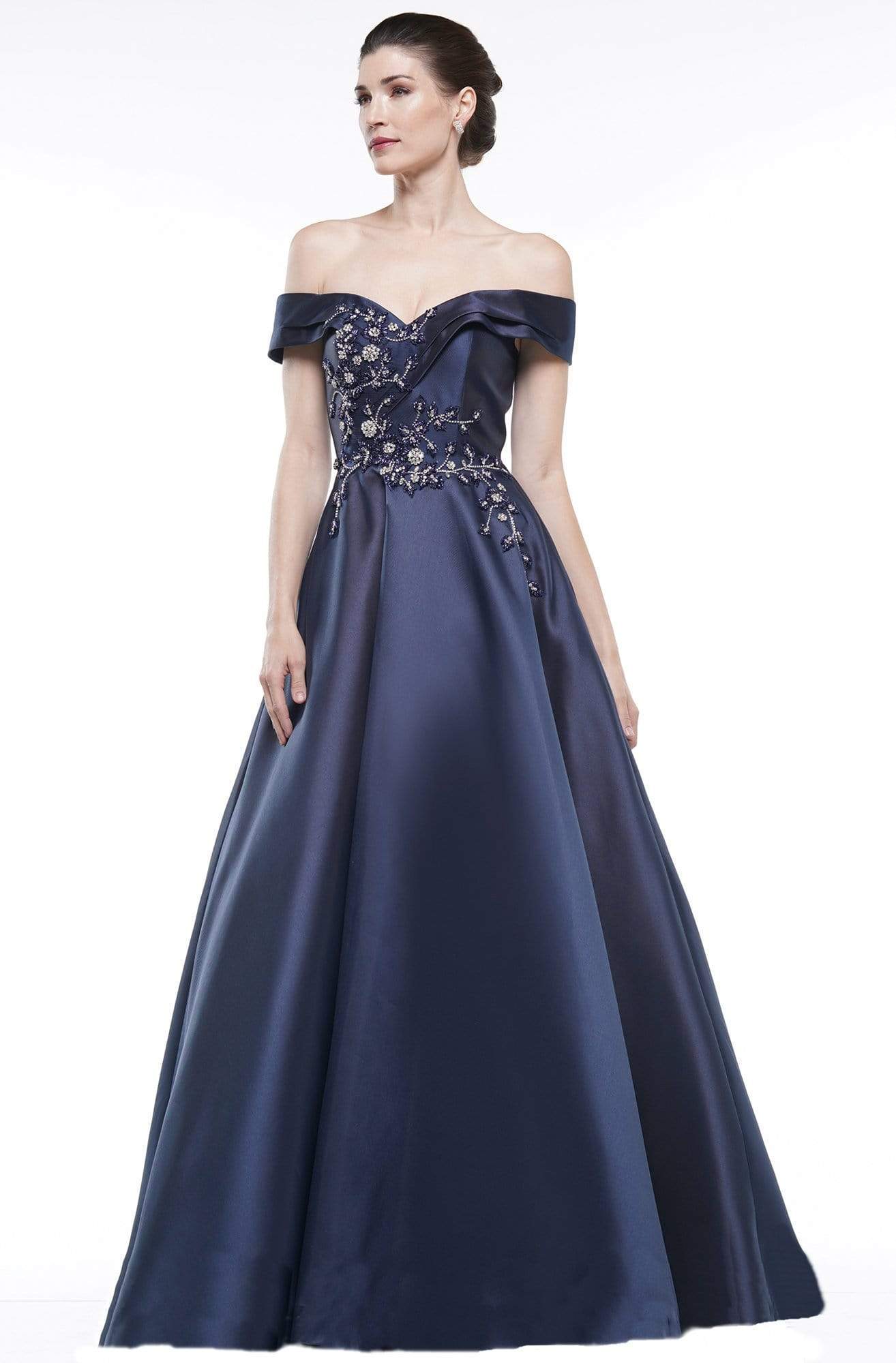 Marsoni by Colors - MV1008 Sweetheart Neckline Off-Shoulder Floral Beaded A-Line Gown - designer formal gown at Silhouette Dr