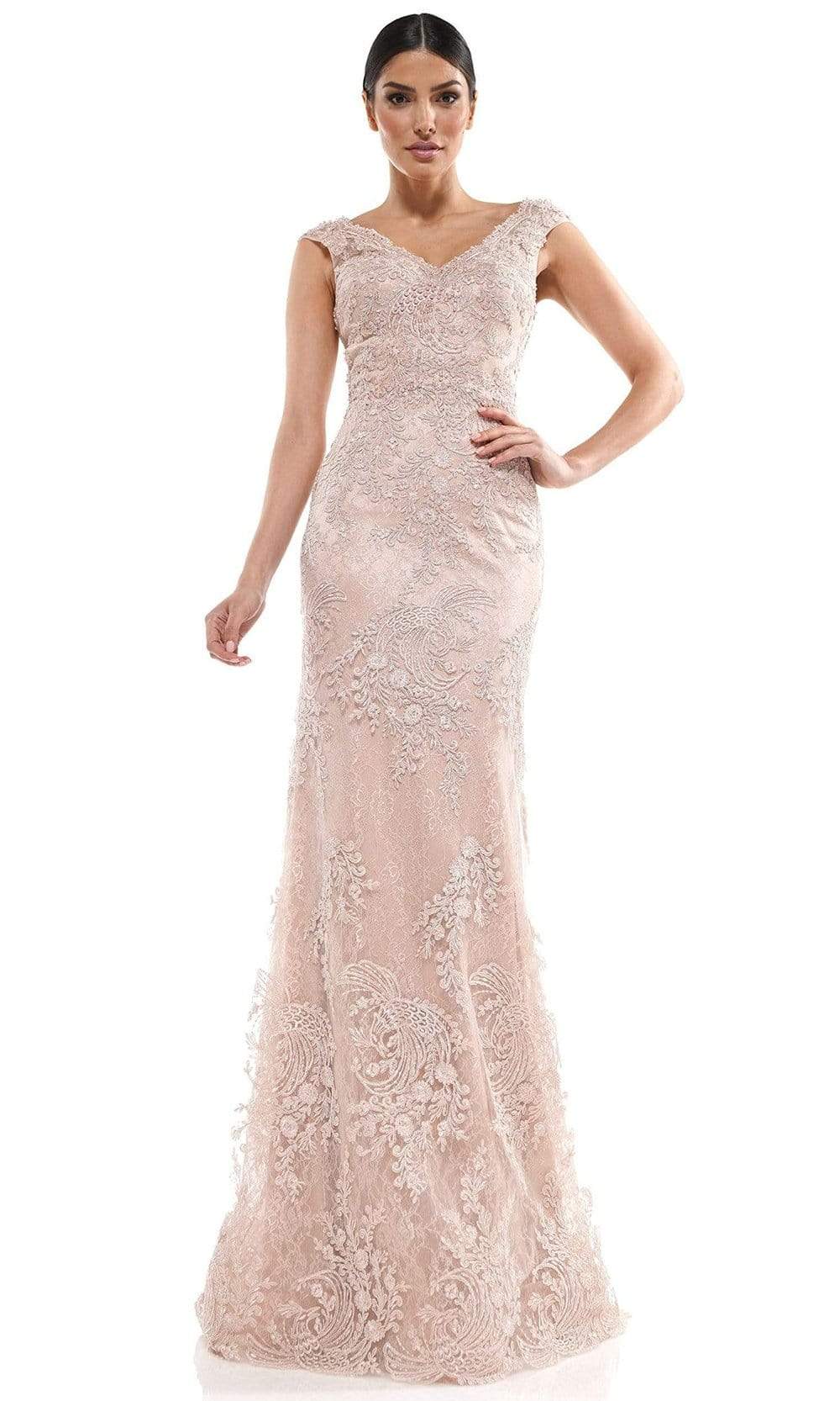 Marsoni by Colors - MV1030 Embroidered V-neck Trumpet Dress - designer mother of the bride dress at Silhouette Dresses