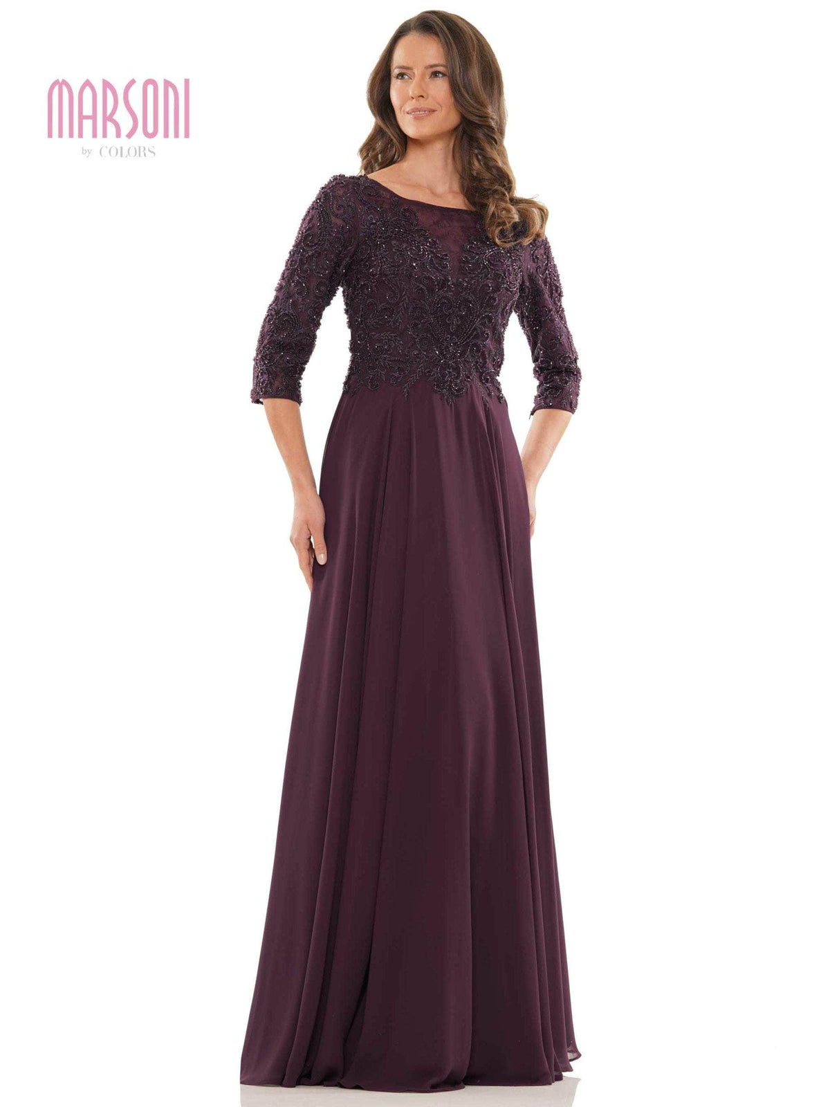 Marsoni by Colors - MV1052 Embroidered Bateau Chiffon A-line Gown - designer mother of the bride dress at Silhouette Dresses