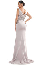 Marsoni by Colors - MV1054 Embroidered V-neck Trumpet Dress - Silhouette Dresses