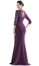 Marsoni by Colors - MV1070 Beaded Sheer Sleeves V Neckline Slit Gown - detail view