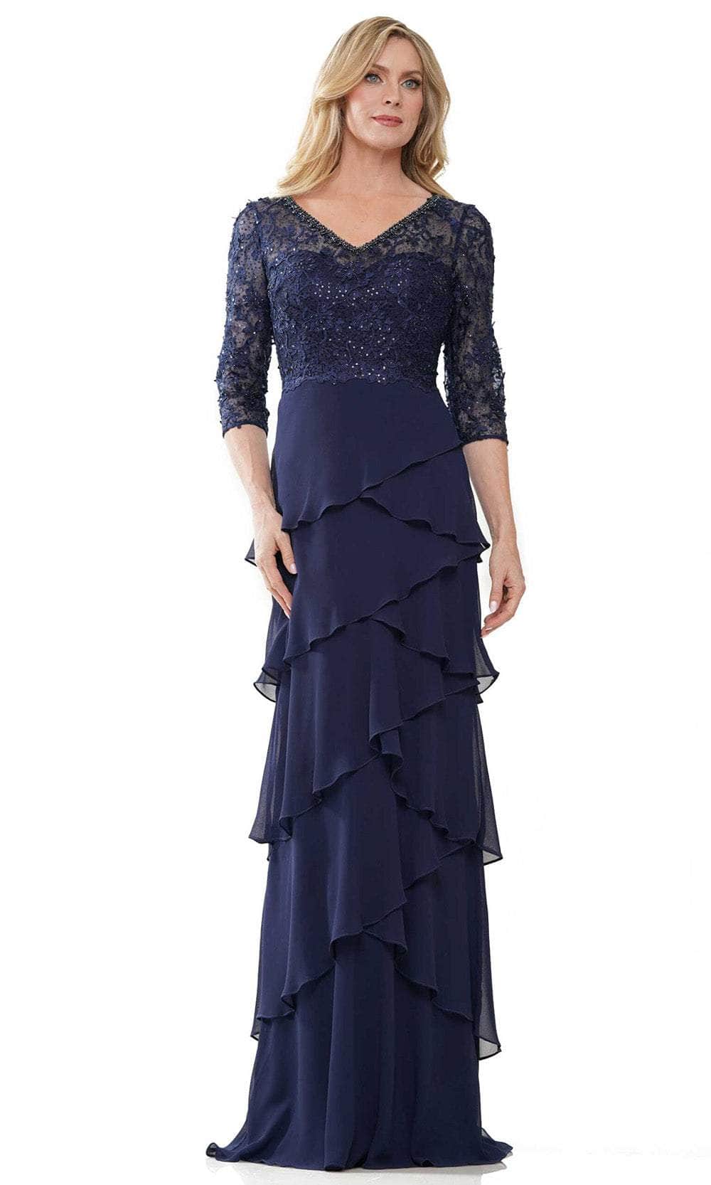 Marsoni by Colors MV1244 - Embroidered V-Neck Tiered Formal Gown - designer mother of the bride dress at Silhouette Dresses