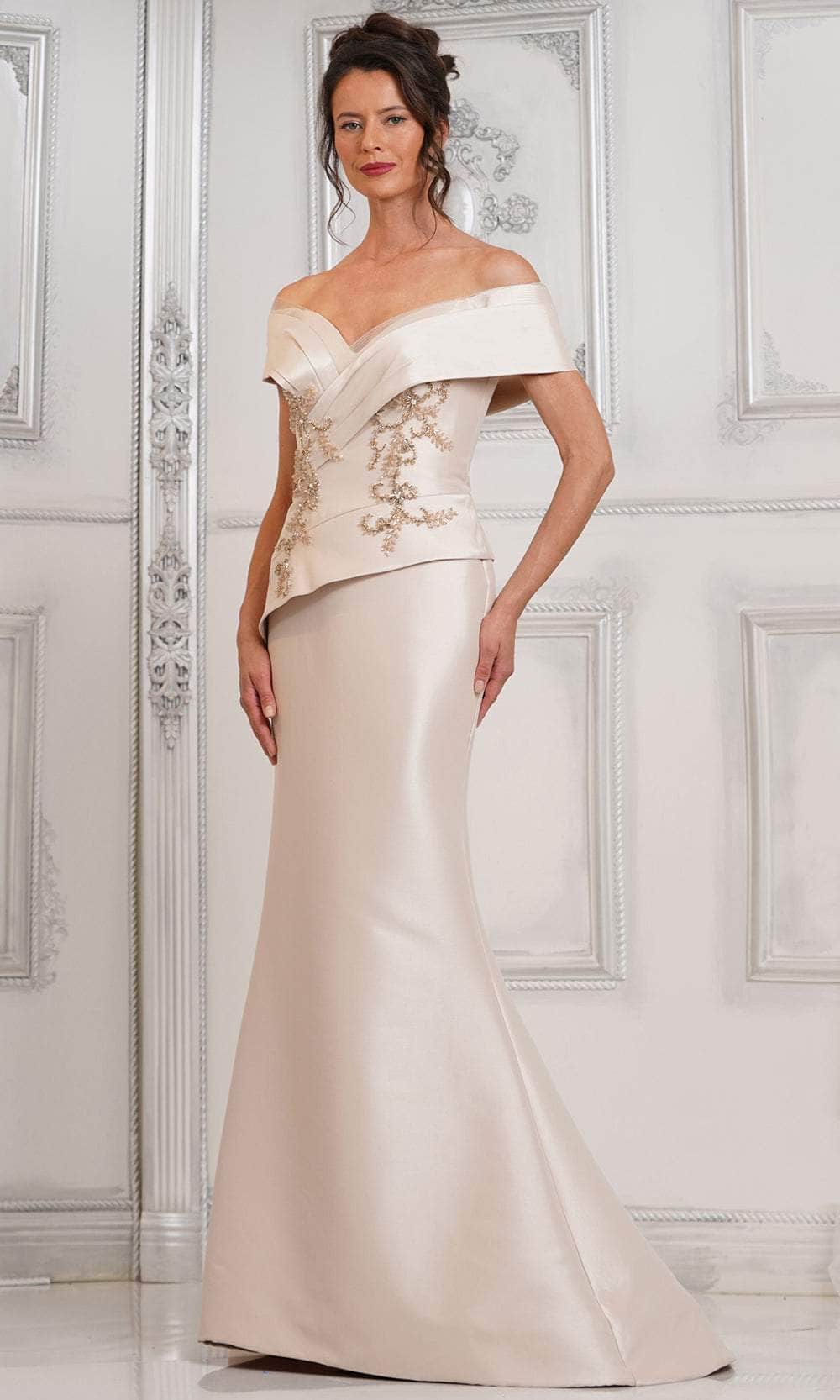 Marsoni by Colors MV1312 - Beaded Applique Off Shoulder Formal Gown - designer mother of the bride dress at Silhouette Dresse