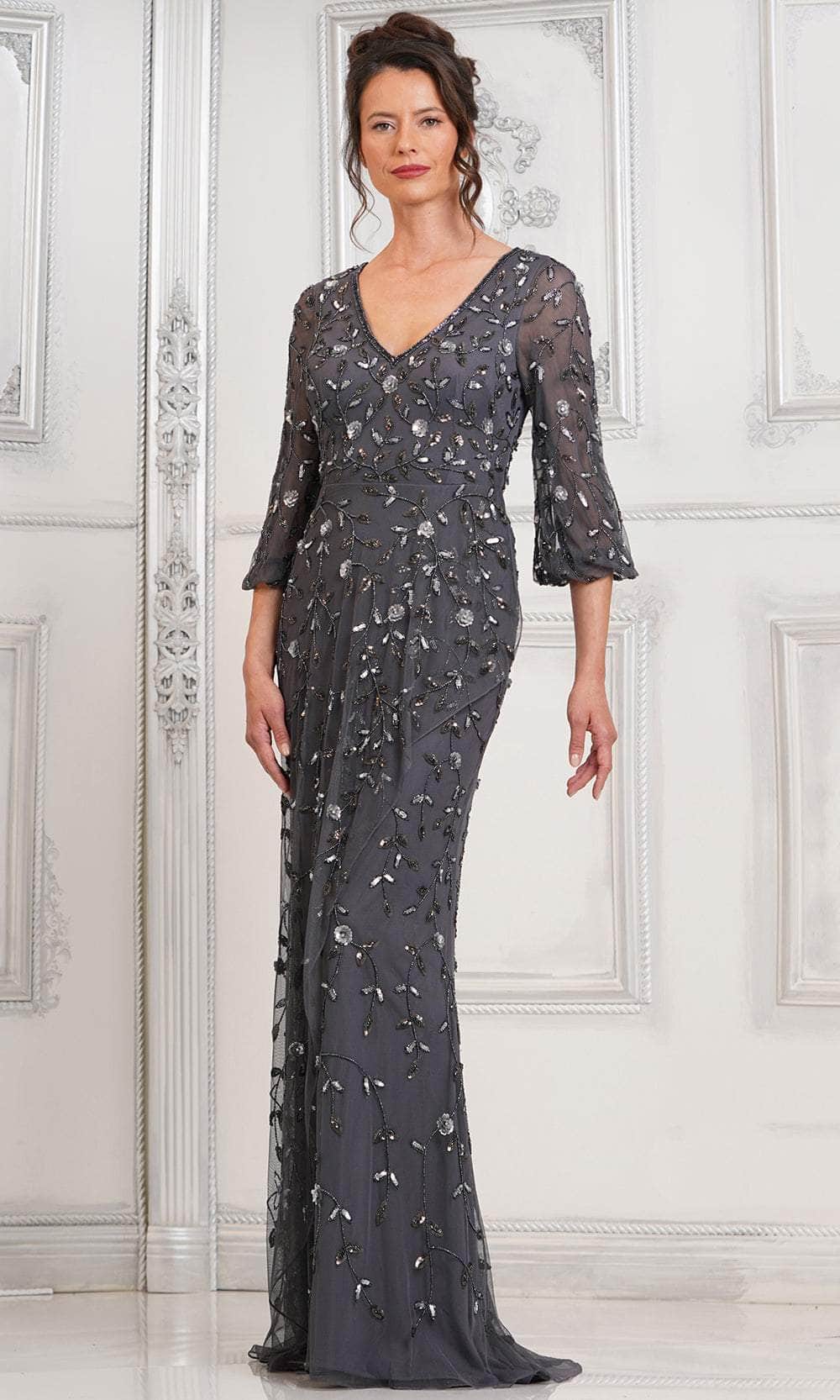 Marsoni by Colors MV1320 - Floral Sequin V-Neck Formal Gown - designer mother of the bride dress at Silhouette Dresses
