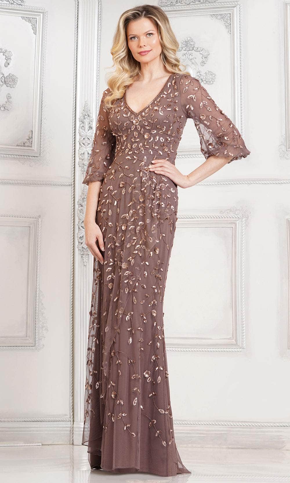 Marsoni by Colors MV1320 - Floral Sequin V-Neck Formal Gown - detail view