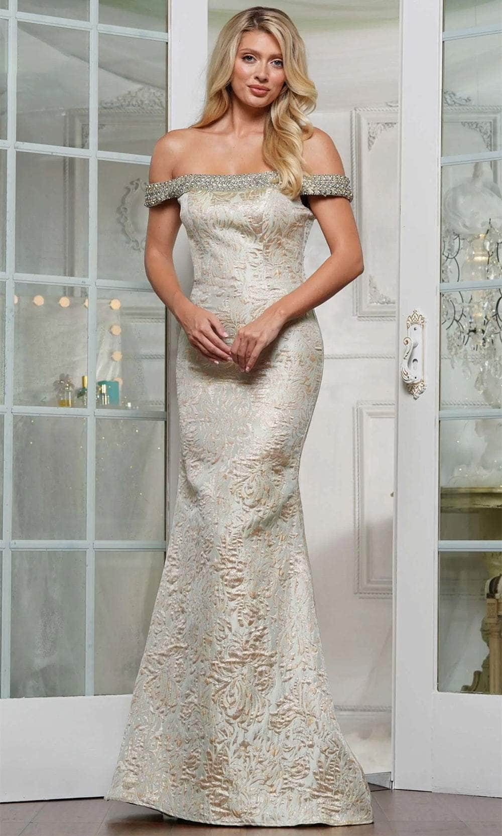 Marsoni by Colors MV1346 - Radiant Jeweled Jacquard Evening Dress - designer mother of the bride dress at Silhouette Dresses