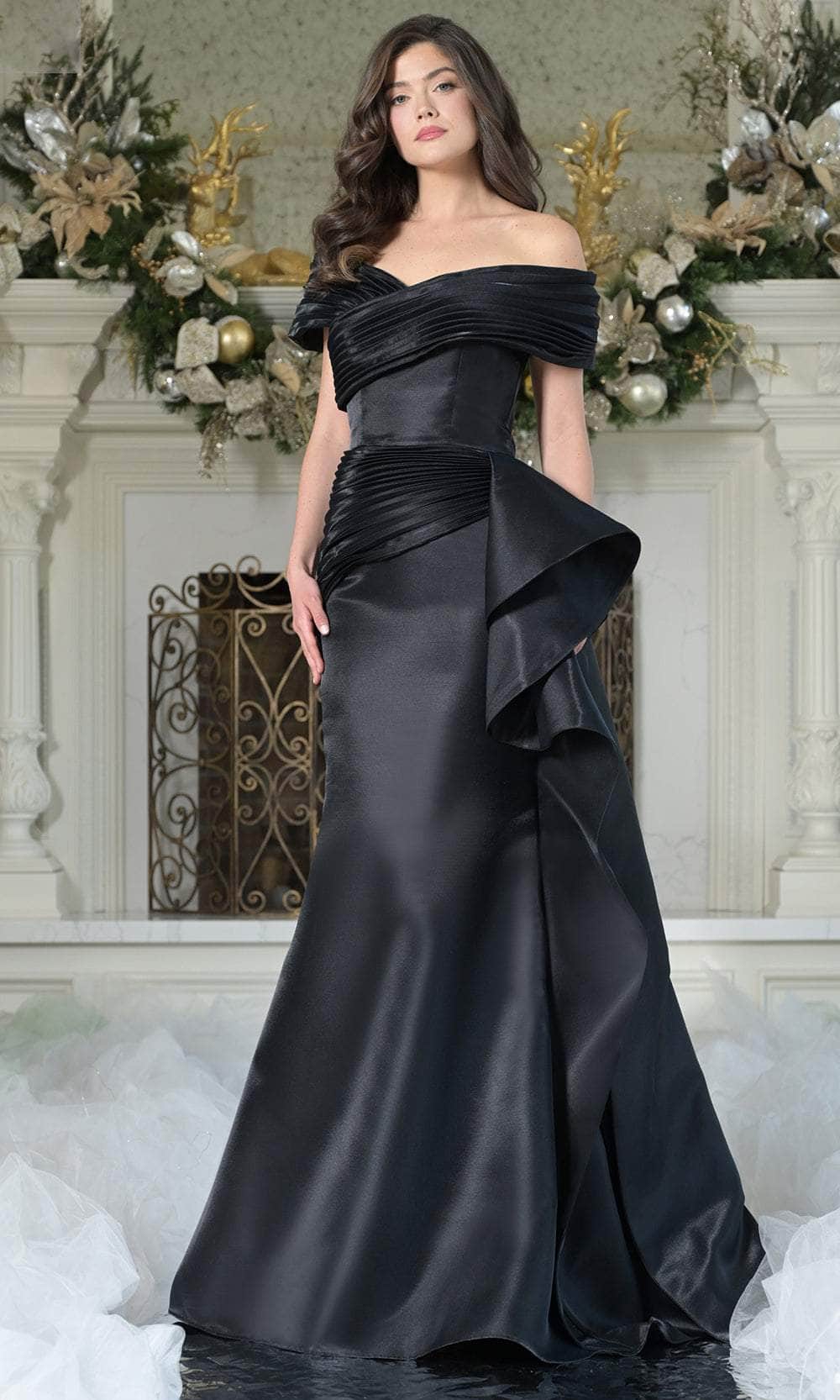 Marsoni by Colors MV1354 - Off Shoulder Ruffle Draped Gown - designer mother of the bride dress at Silhouette Dresses