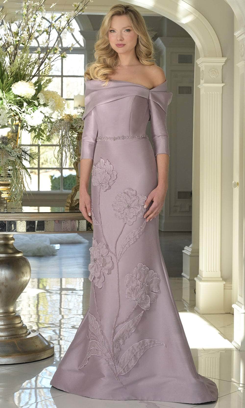 Marsoni by Colors MV1374 - Off-Shoulder Floral Applique Gown - designer mother of the bride dress at Silhouette Dresses