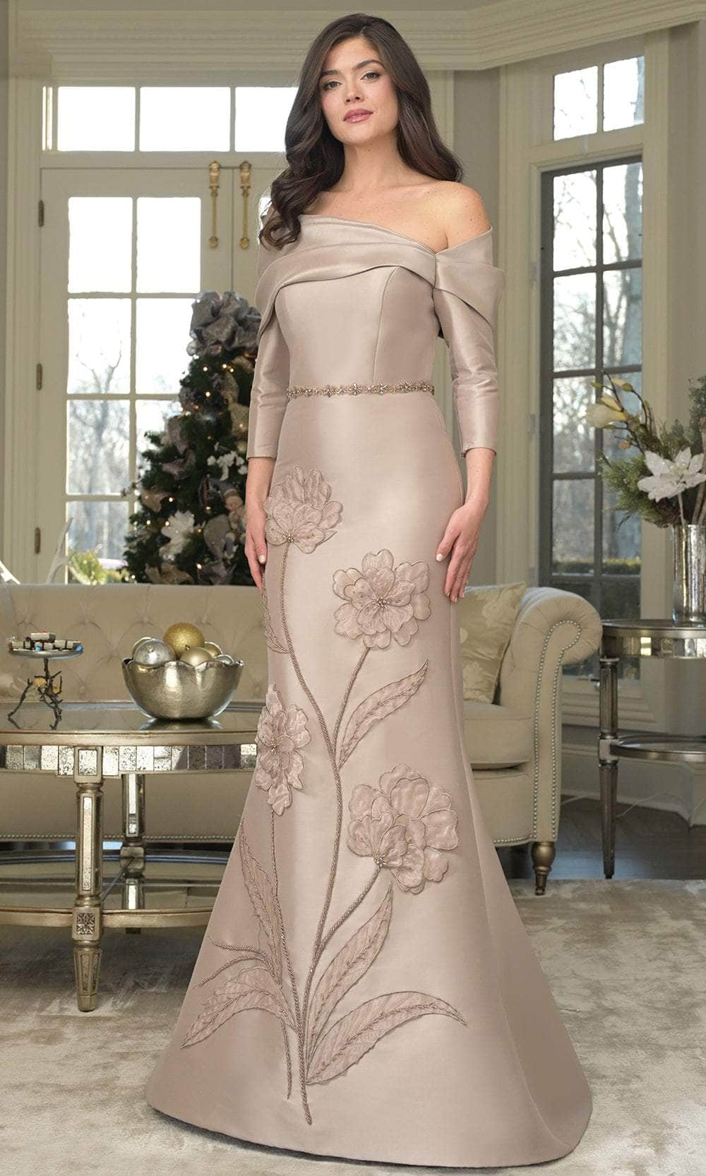 Marsoni by Colors MV1374 - Off-Shoulder Floral Applique Gown - back view
