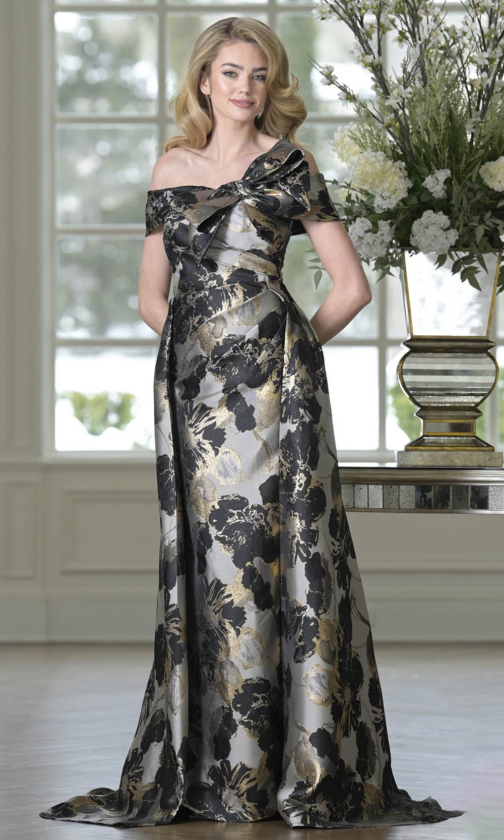 Marsoni by Colors MV1396 - Bow Neckline Textured Overskirt Dress - Silhouette Dresses