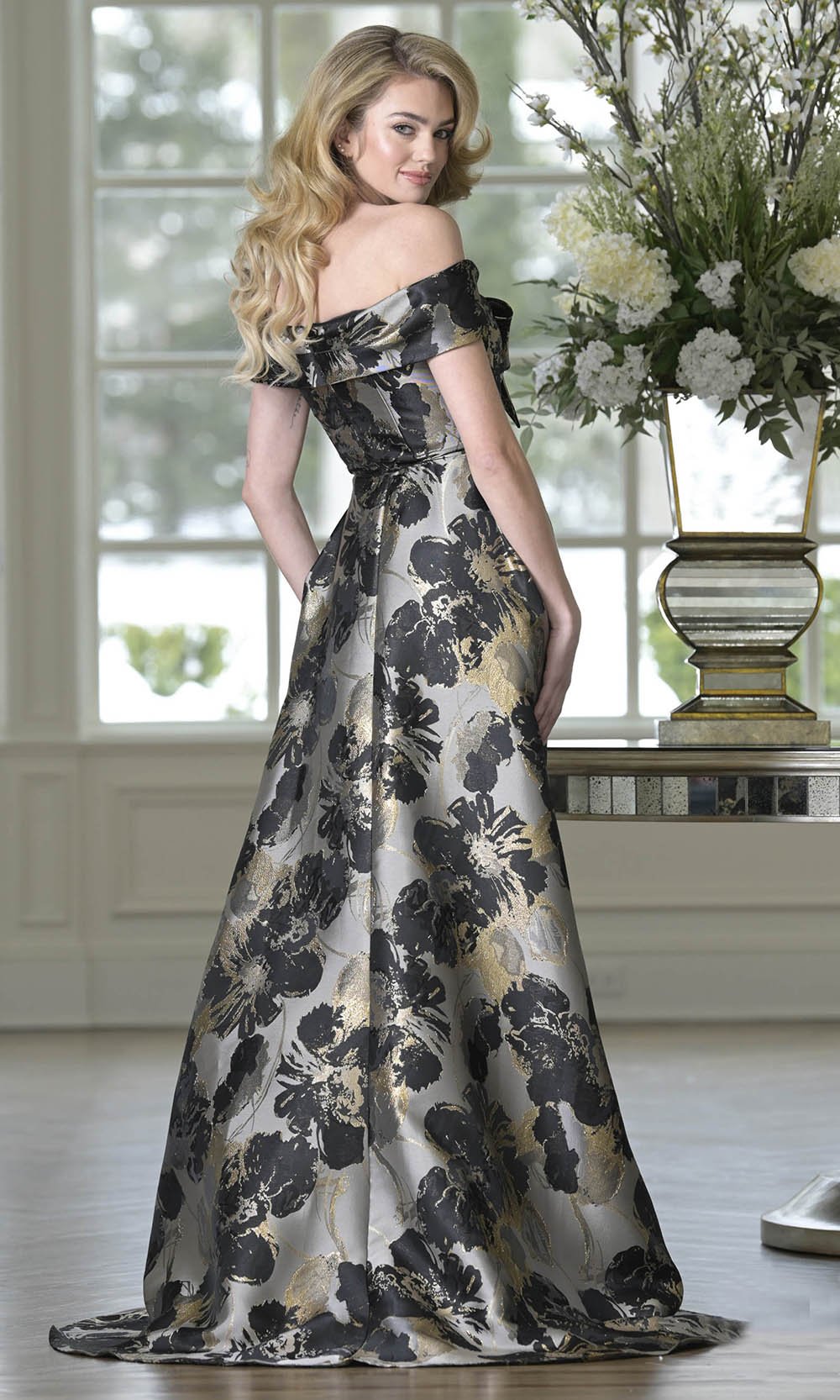 Marsoni by Colors MV1396 - Bow Neckline Textured Overskirt Dress - Silhouette Dresses