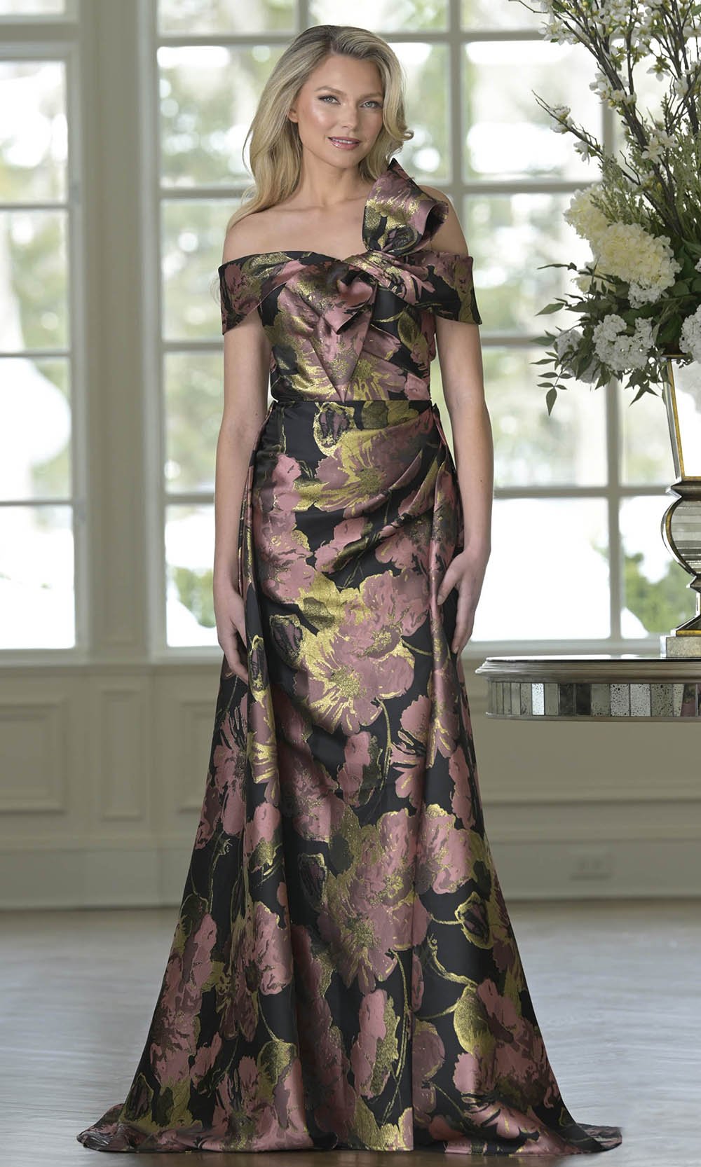 Marsoni by Colors MV1396 - Bow Neckline Textured Overskirt Dress - Silhouette Dresses