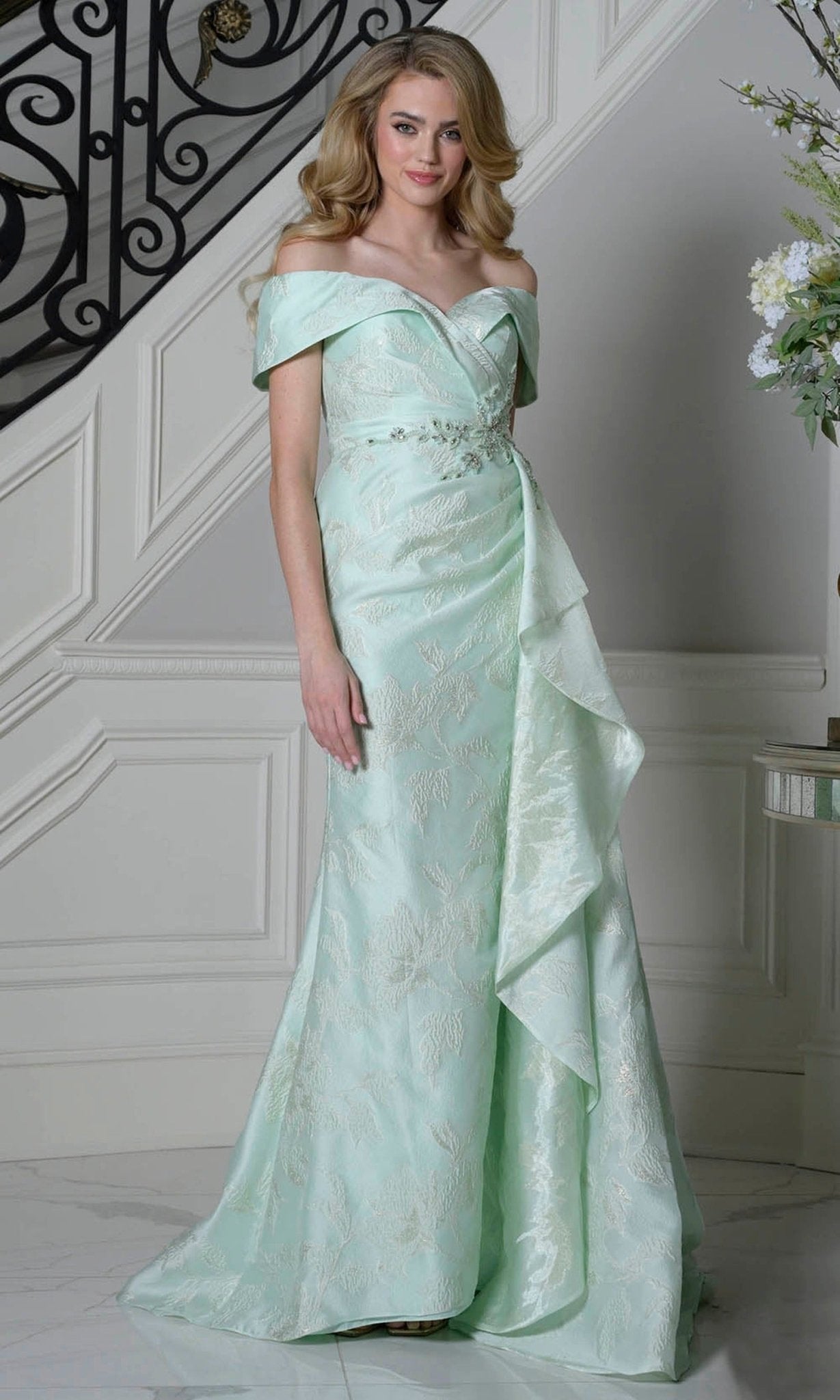 Marsoni by Colors MV1401 - Off Shoulder Jacquard Dress with Side Drape - Silhouette Dresses