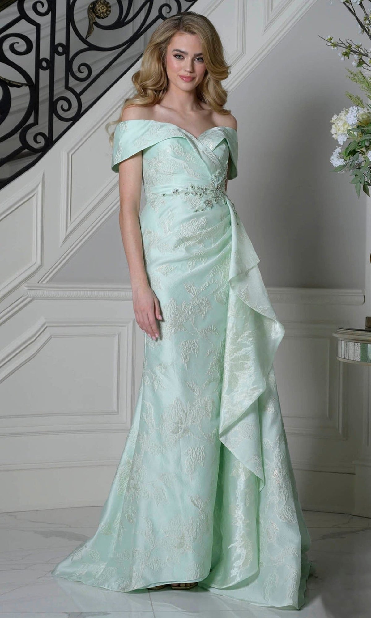 Marsoni by Colors MV1401 - Off Shoulder Jacquard Dress with Side Drape - Silhouette Dresses