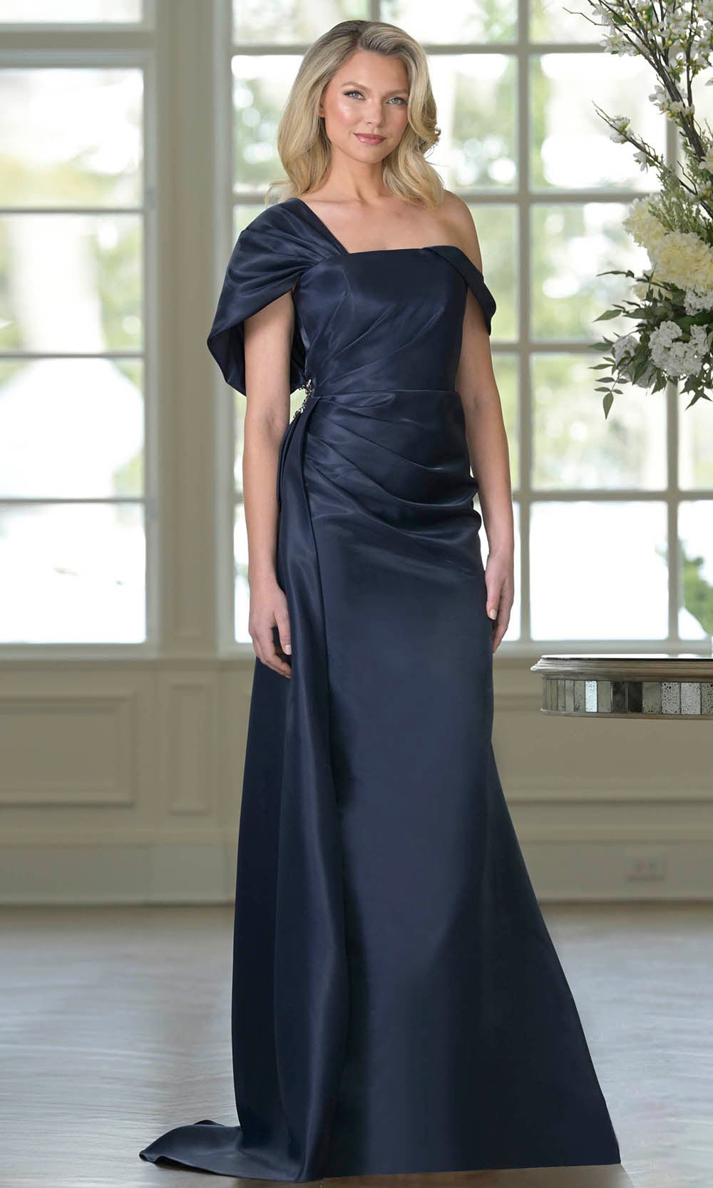 Marsoni by Colors MV1405 - Asymmetric Neck Draped Formal Dress - Silhouette Dresses