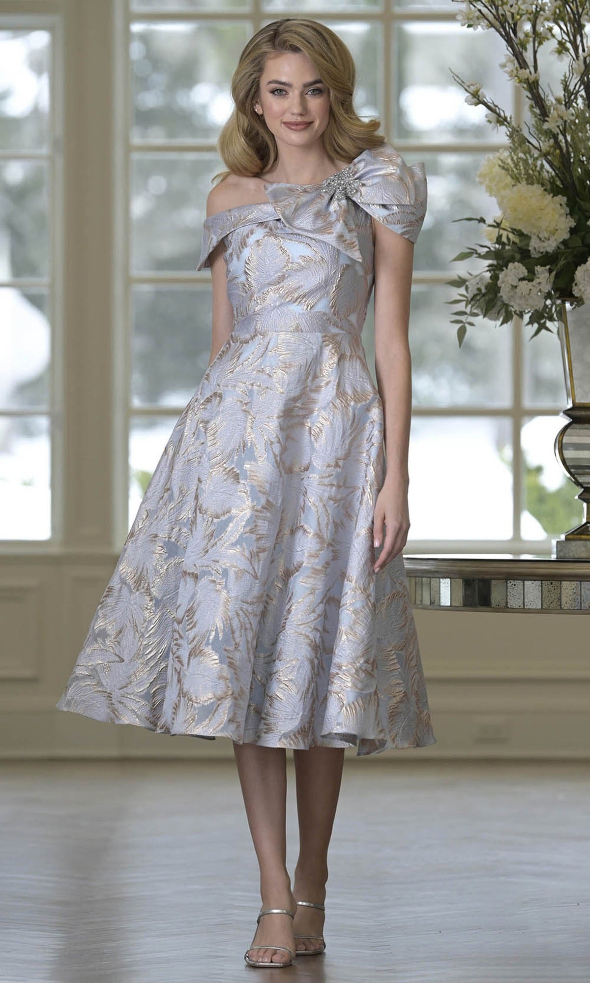 Marsoni by Colors MV1413 - Asymmetric Neck Tea-Length Jacquard Dress