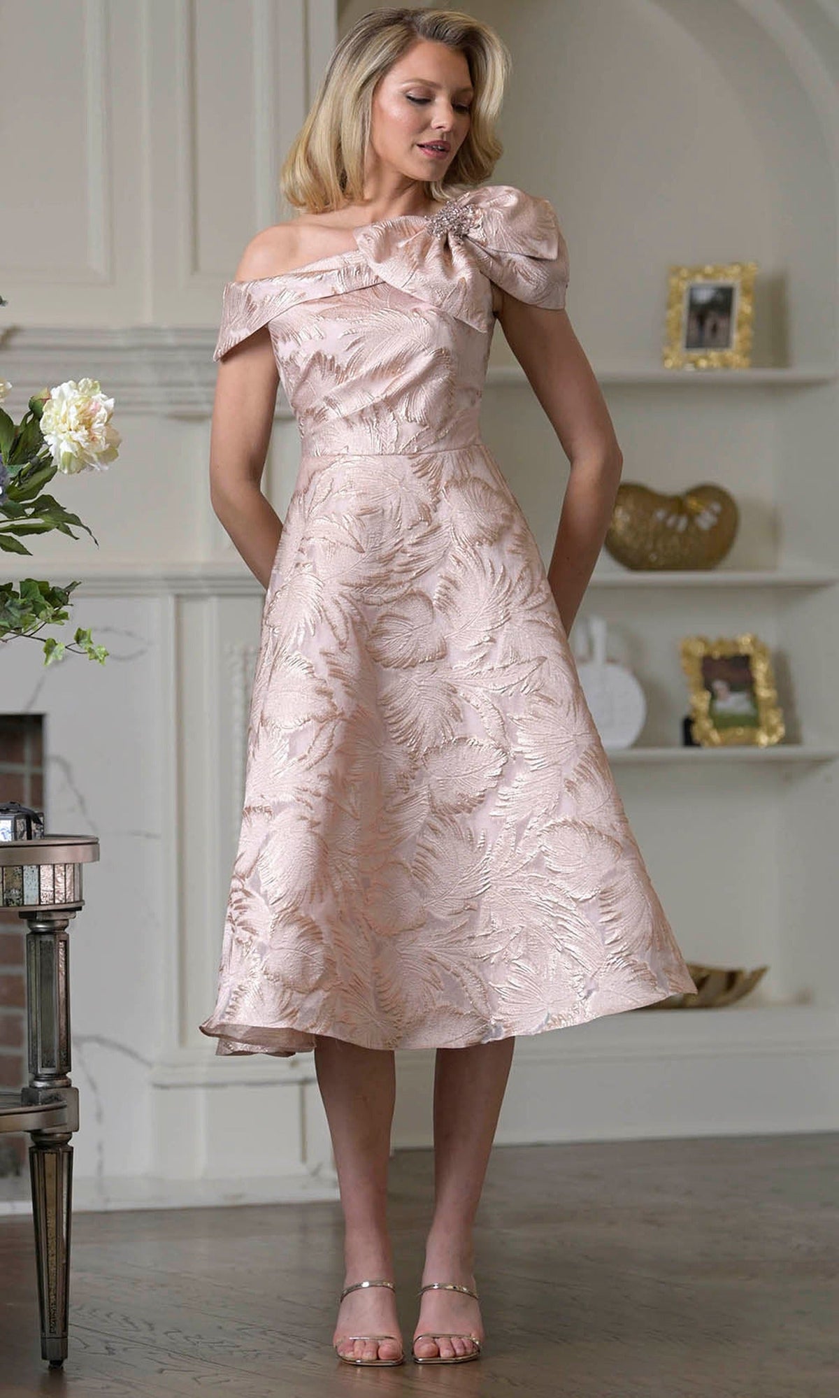 Marsoni by Colors MV1413 - Asymmetric Neck Tea-Length Jacquard Dress