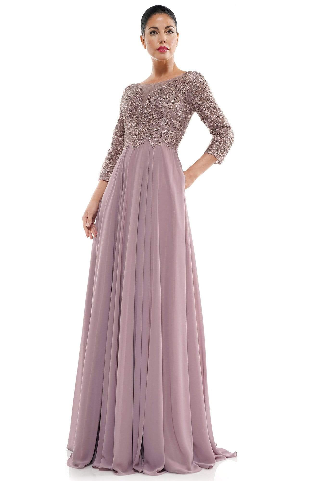 Marsoni by Colors - Quarter Sleeve Embroidered Lace Bodice A-Line Chiffon Gown MV1052 - designer mother of the bride dress at