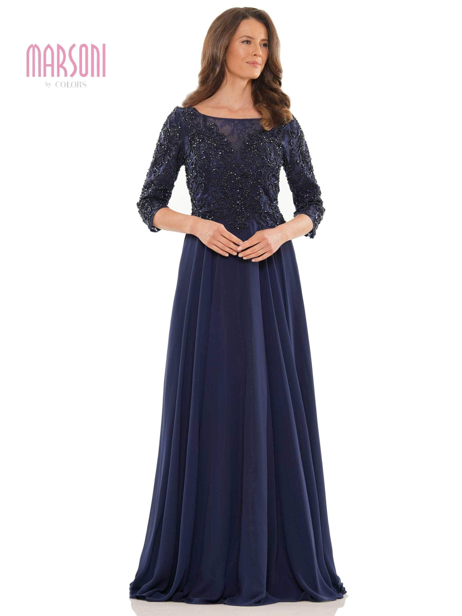 Marsoni by Colors - Quarter Sleeve Embroidered Lace Bodice A-Line Chiffon Gown MV1052 - detail view