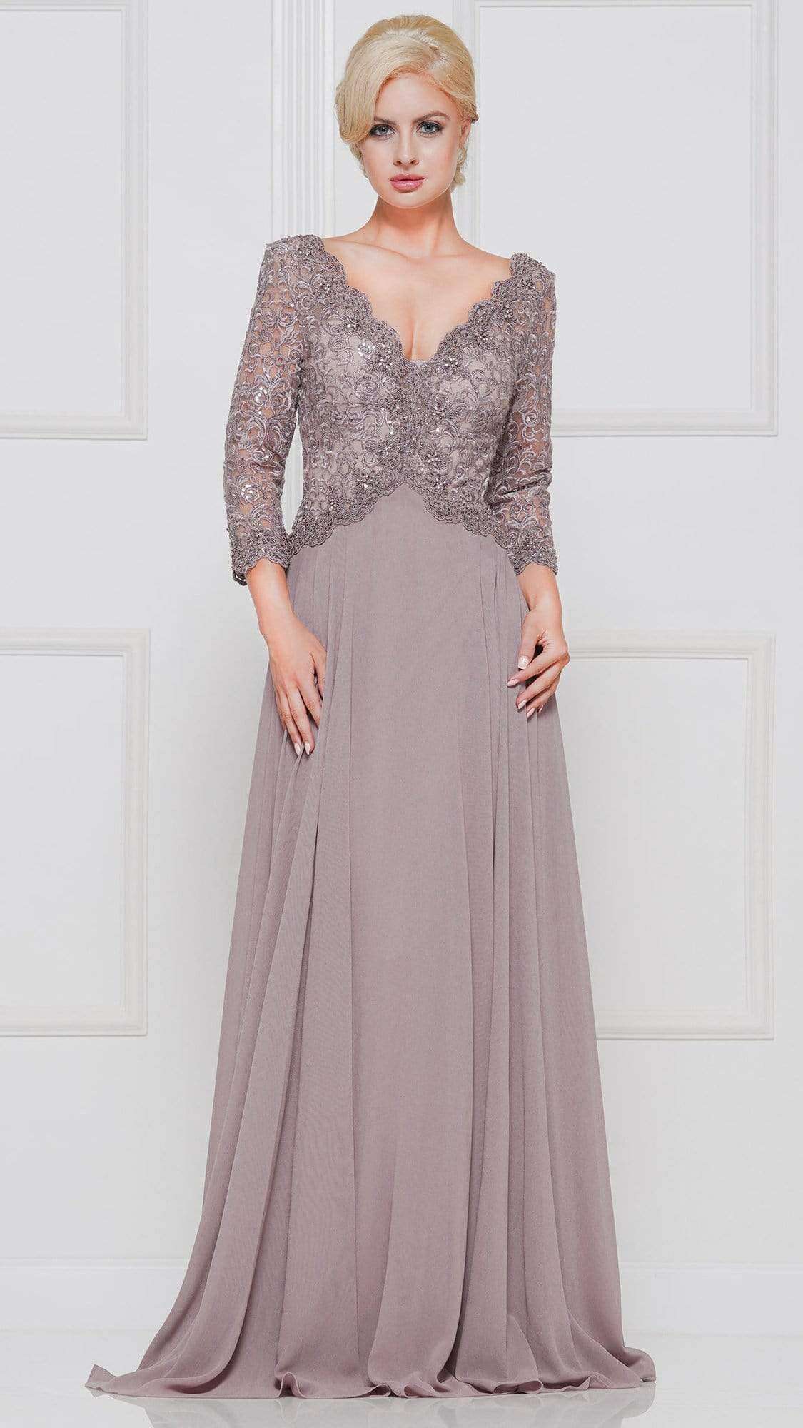 Marsoni by Colors - Quarter Sleeve Scalloped Lace Gown M225 - detail view