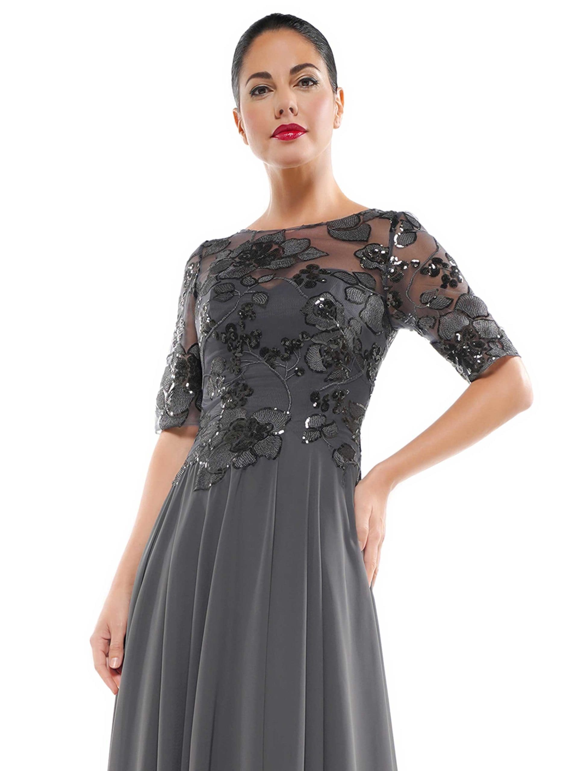 Marsoni by Colors - Sheer Quarter Sleeved Boat Neck Beaded Chiffon A-line Dress M286 - view 4