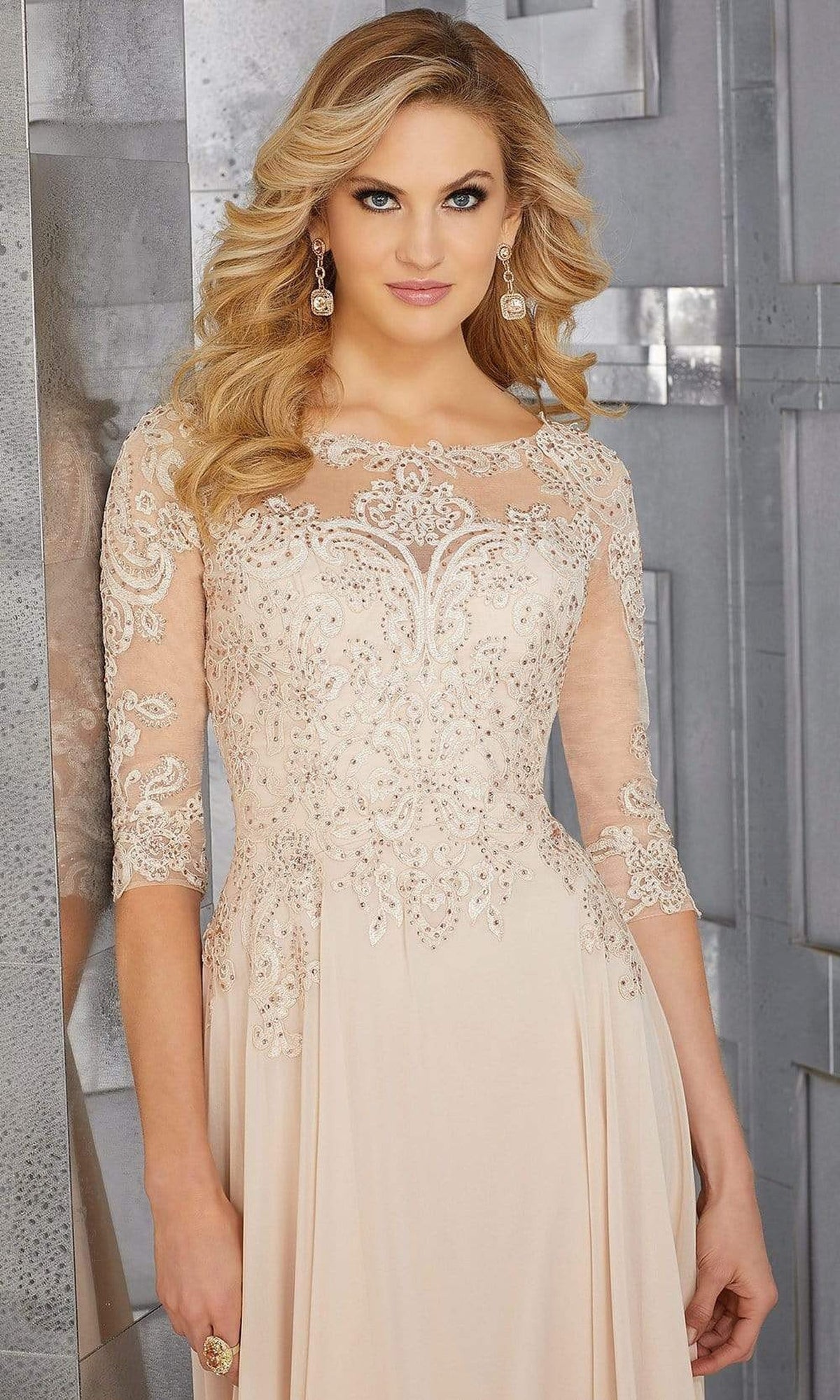 MGNY By Mori Lee - 71622 Embroidered Bateau Chiffon A-line Dress