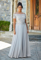 MGNY By Mori Lee - 72133 Off Shoulder Lace Appliqued Chiffon Dress