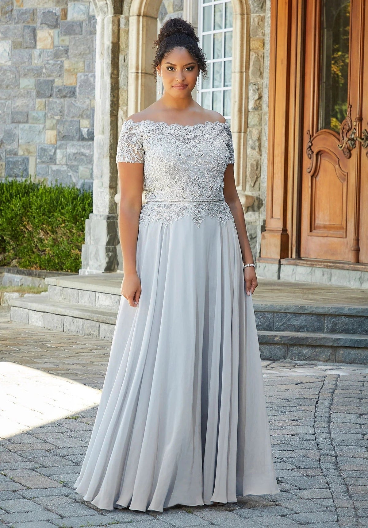 MGNY By Mori Lee - 72133 Off Shoulder Lace Appliqued Chiffon Dress