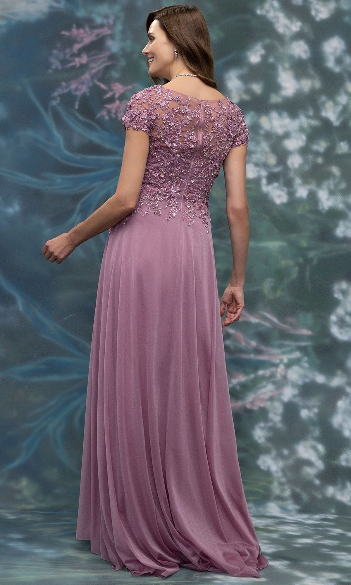 MGNY By Mori Lee 2070023 - Hand Beaded Short Sleeve Chiffon Gown
