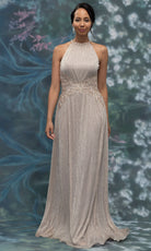 MGNY By Mori Lee 2070025 - Halter Neck Metallic Knit A-Line Gown