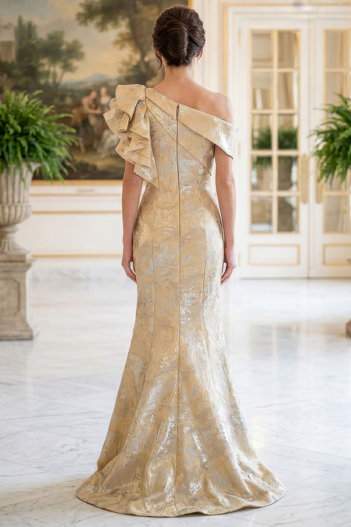 MGNY By Mori Lee 2070052 - Asymmetric Neck Ruffle Sleeve Evening Gown