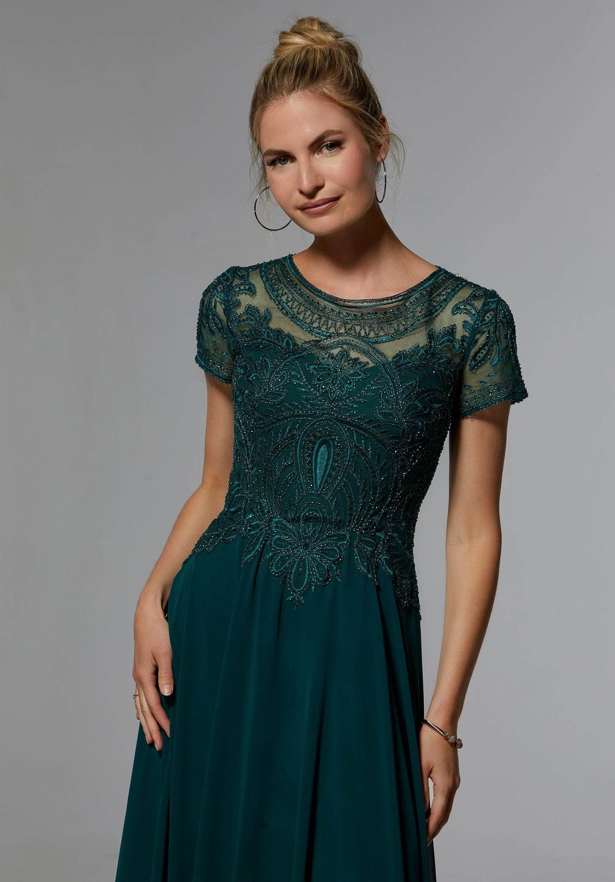 MGNY By Mori Lee - 71824 Embellished Bateau Chiffon A-line Dress