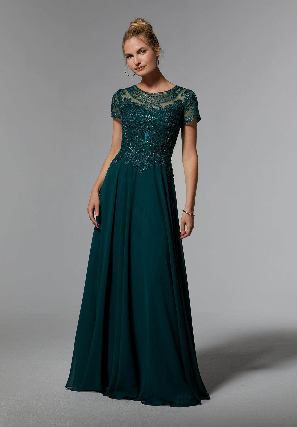 MGNY By Mori Lee - 71824 Embellished Bateau Chiffon A-line Dress