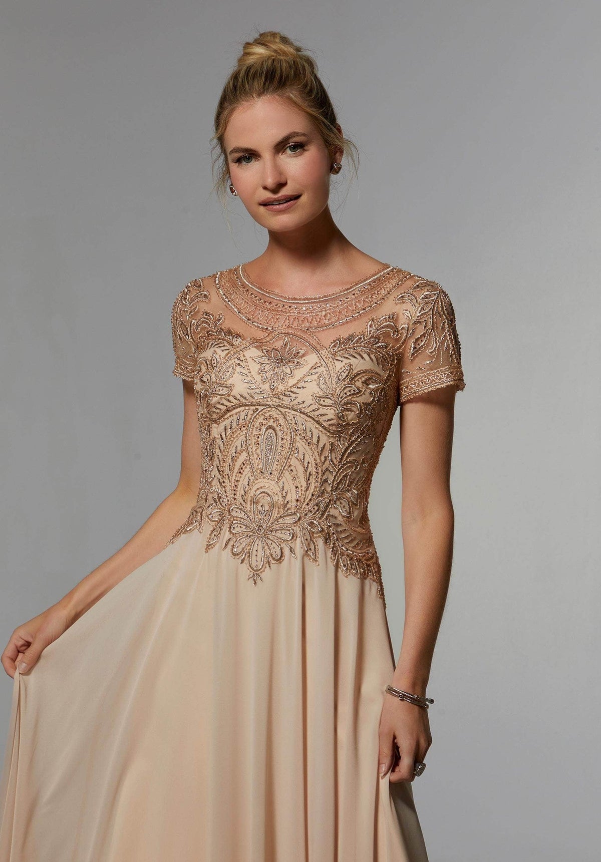 MGNY By Mori Lee - 71824 Embellished Bateau Chiffon A-line Dress