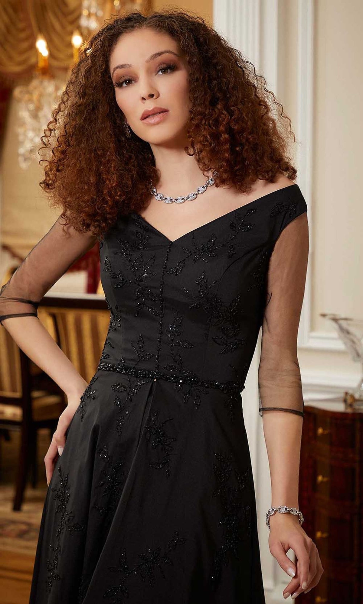 MGNY By Mori Lee 72810 - Illusion Sleeve V-Neck Evening Gown