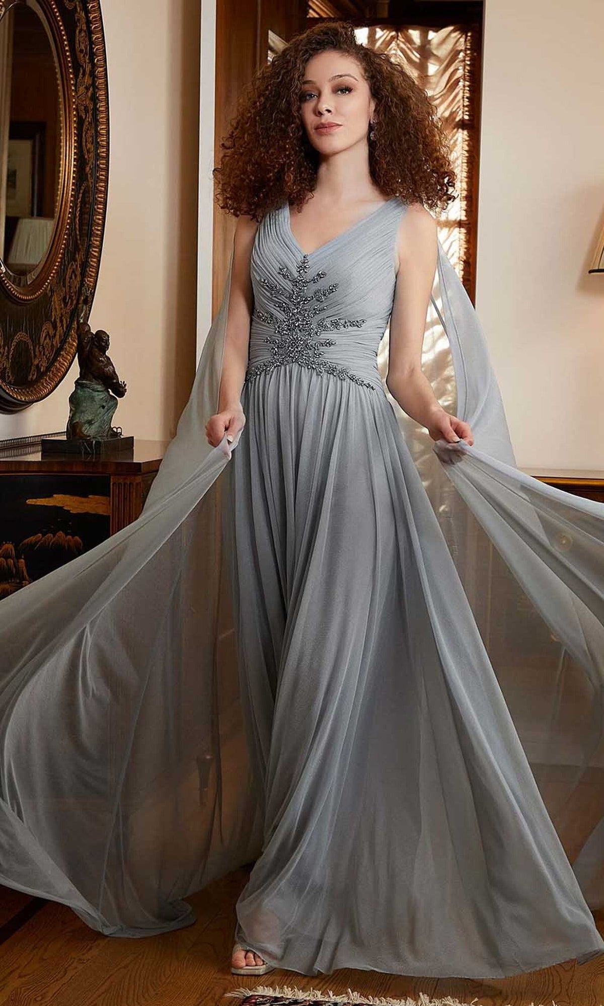 MGNY By Mori Lee 72818 - V-Neck Shimmer Mesh Evening Gown