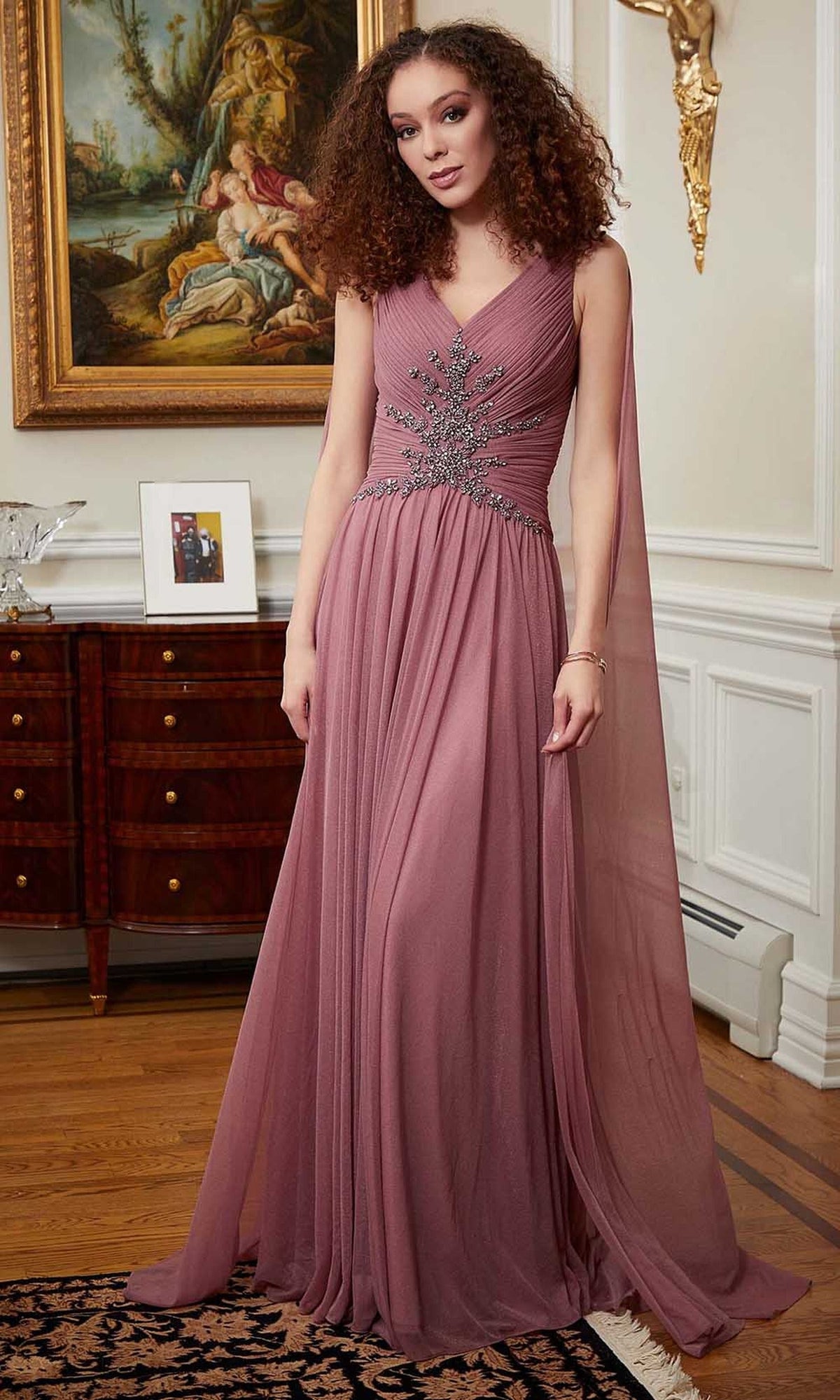 MGNY By Mori Lee 72818 - V-Neck Shimmer Mesh Evening Gown
