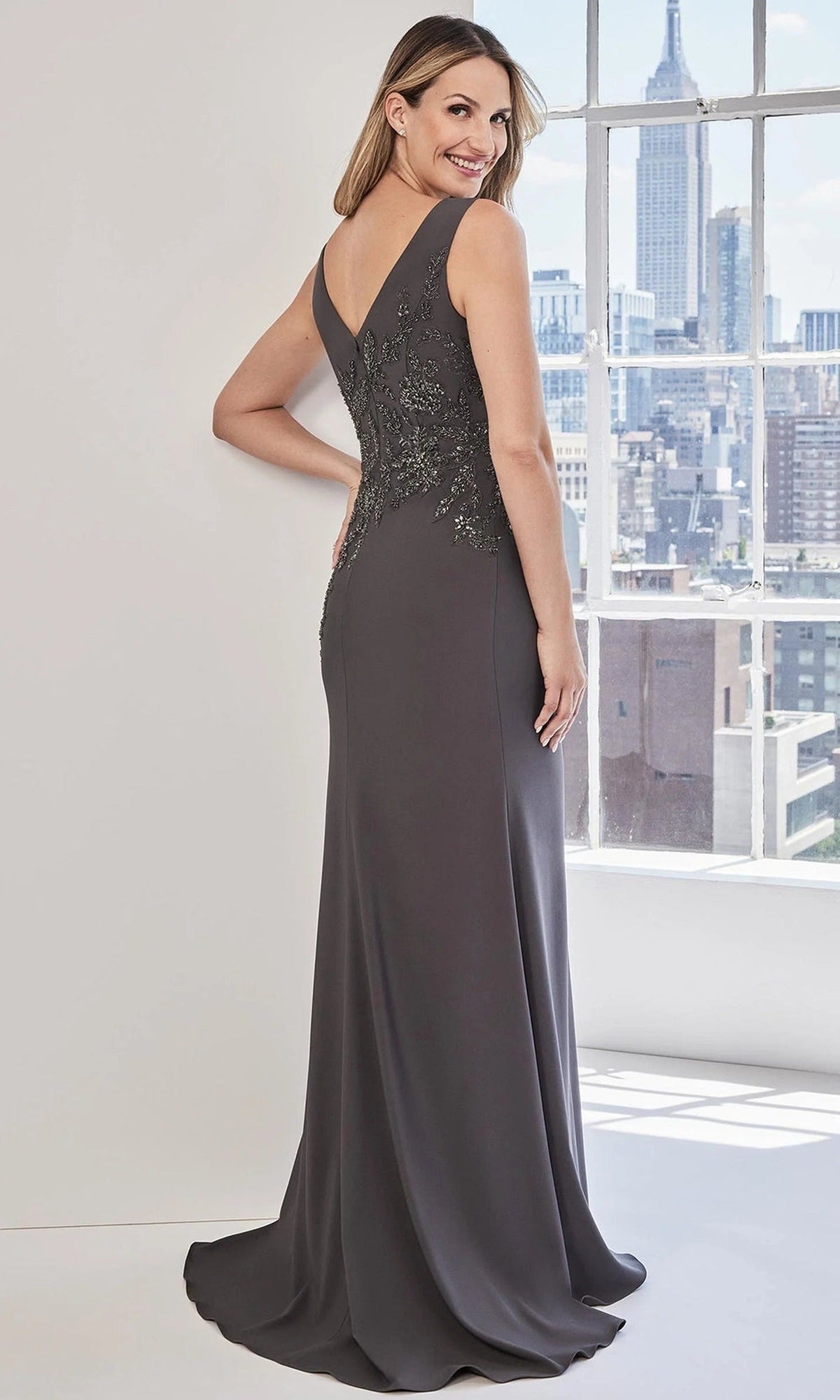 MGNY By Mori Lee 73127 - Floral Appliqued Deep V-Neckline Gown