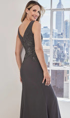 MGNY By Mori Lee 73127 - Floral Appliqued Deep V-Neckline Gown