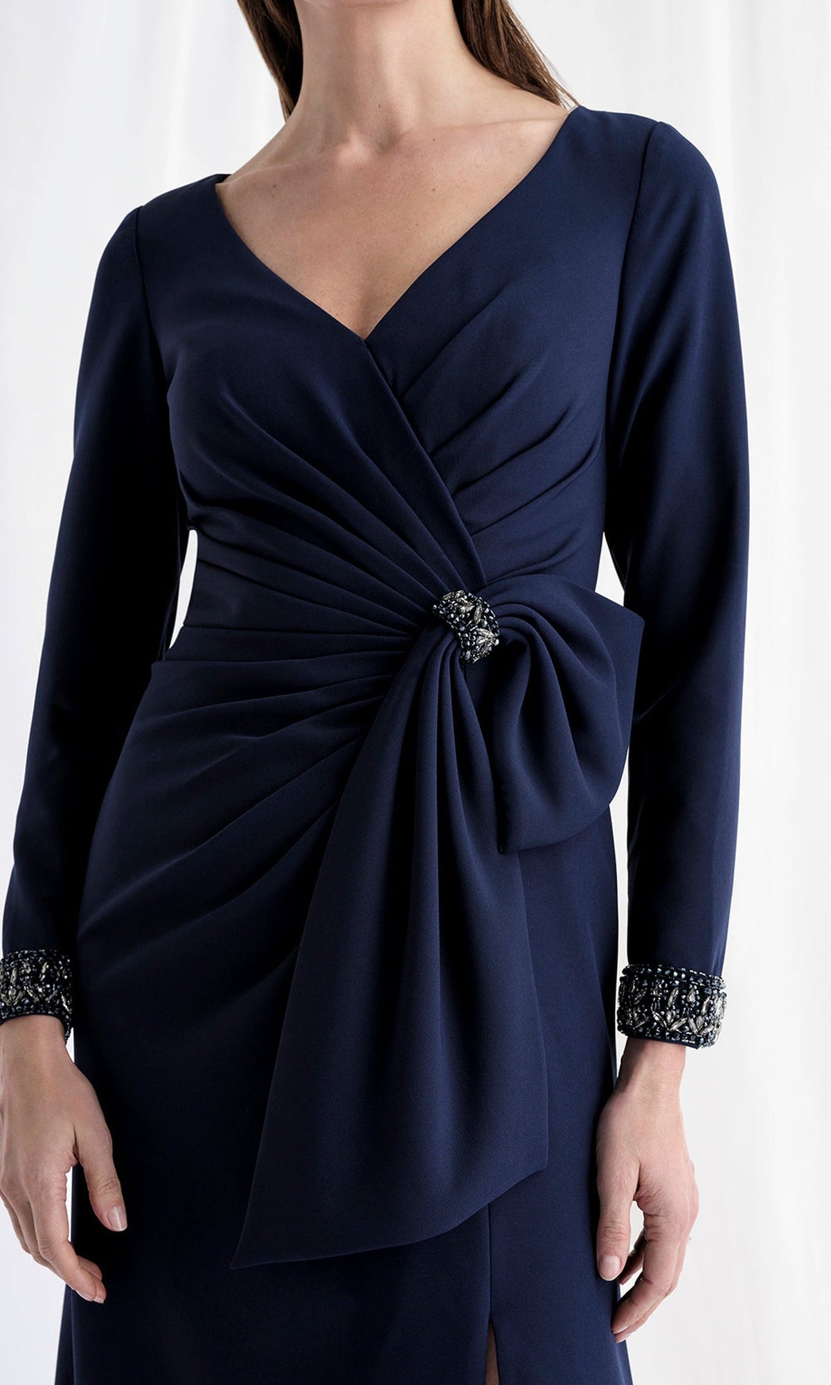 MGNY By Mori Lee 73172 - V-Neck Long Sleeve Gown with Bow Accent