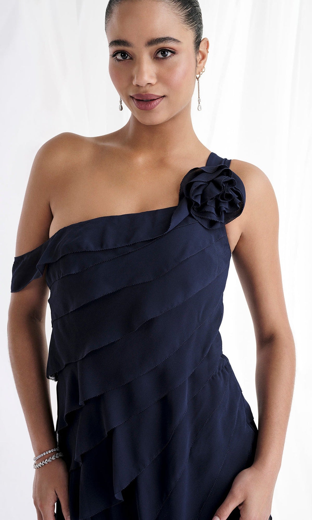 MGNY By Mori Lee 73173 - One Shoulder Tiered Chiffon Gown