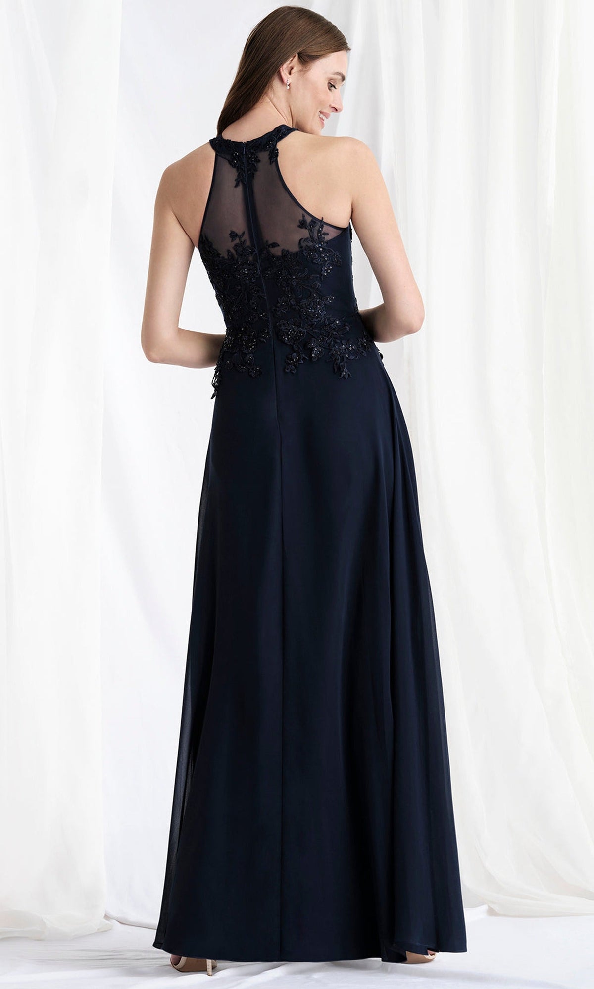 MGNY By Mori Lee 73177 - Illusion Halter Embroidered Long Gown