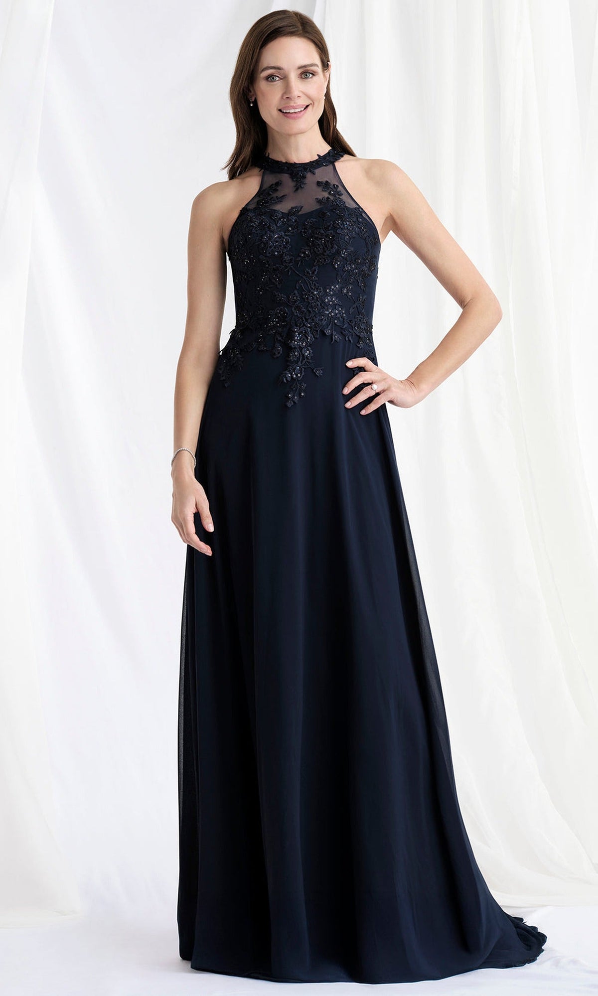 MGNY By Mori Lee 73177 - Illusion Halter Embroidered Long Gown