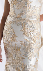 MGNY By Mori Lee 73181 - Ruffle Draped Back Metallic Brocade Gown