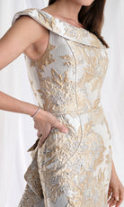 MGNY By Mori Lee 73181 - Ruffle Draped Back Metallic Brocade Gown
