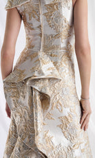MGNY By Mori Lee 73181 - Ruffle Draped Back Metallic Brocade Gown