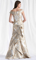 MGNY By Mori Lee 73181 - Ruffle Draped Back Metallic Brocade Gown