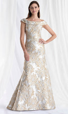 MGNY By Mori Lee 73181 - Ruffle Draped Back Metallic Brocade Gown